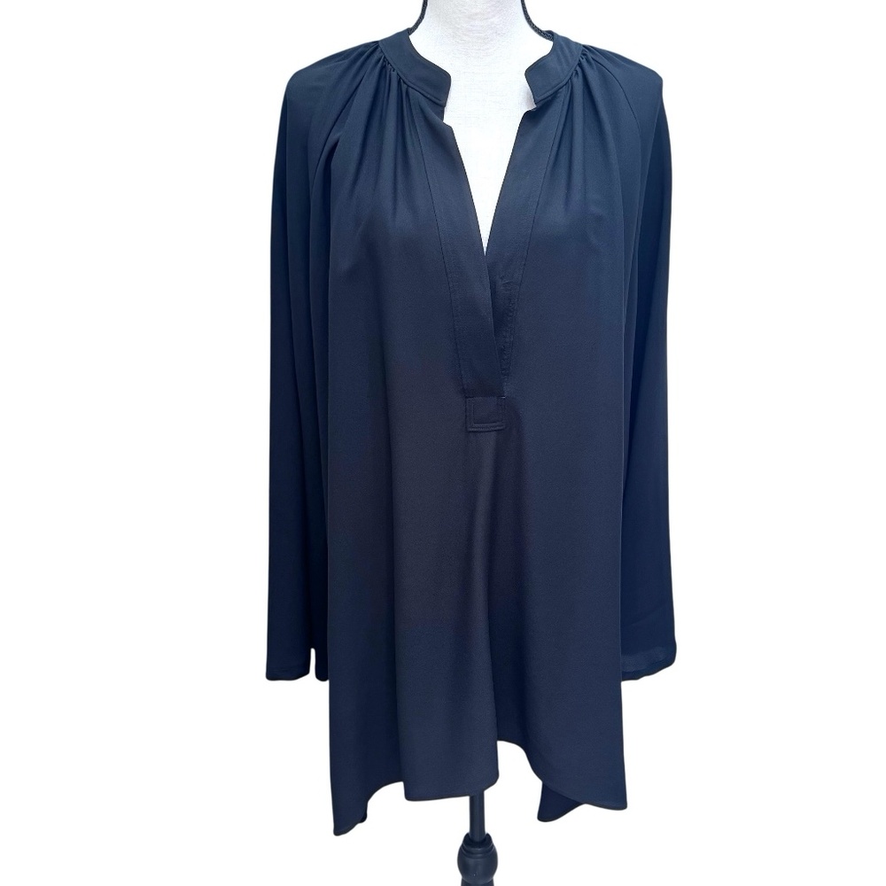 HELMUT LANG BLACK SILK OVERSIZED FLOWY SPLIT NECK TUNIC BLOUSE